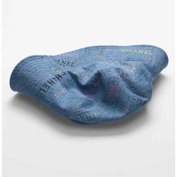 Chanel 22P Blue Black Pink Denim Graffiti CC Logo Sun Cloche Bucket Hat Small S - Picture 4 of 11